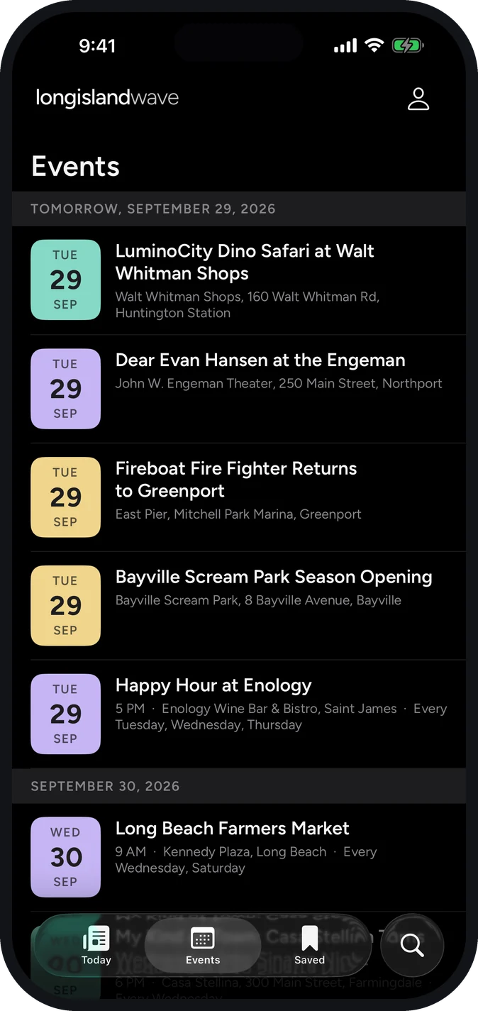 The Events screen: listings under each date with a date tile and the venue address.