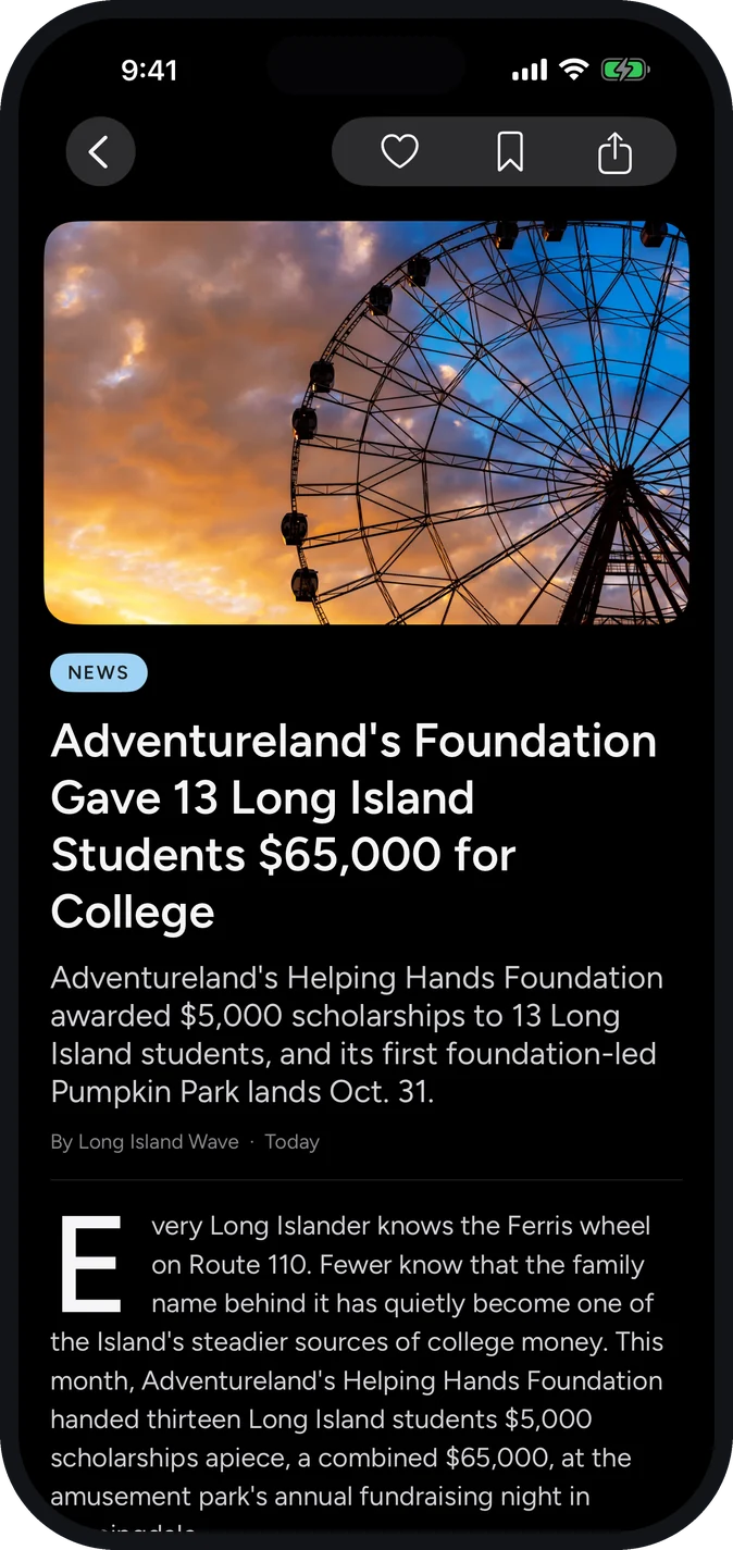 A story open in the app: a photograph and headline above the article set in the publication's own type.