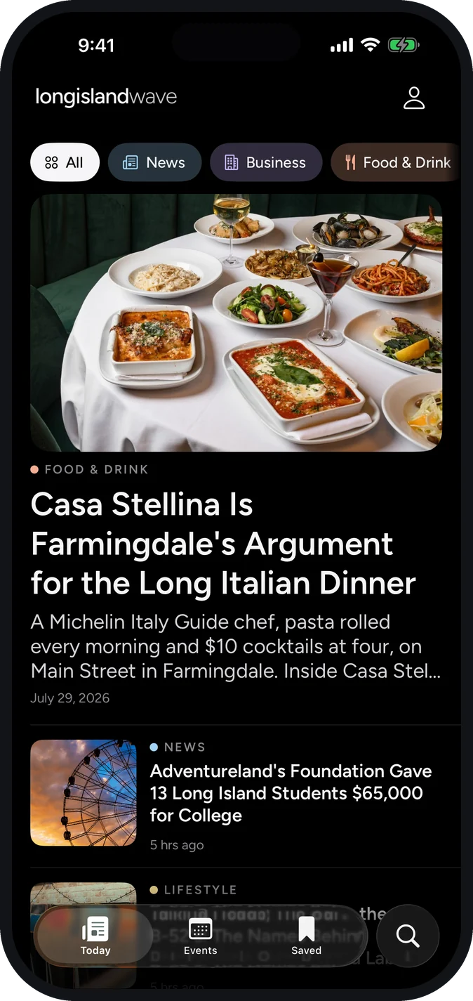 The Today screen: a photo-led feed of Long Island stories with section filters across the top.