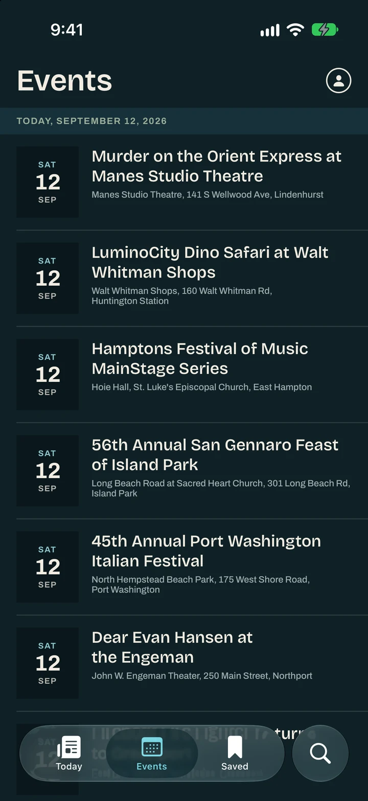 The Wave on iPhone: the Events screen, listings under each date with a date tile and the venue address.