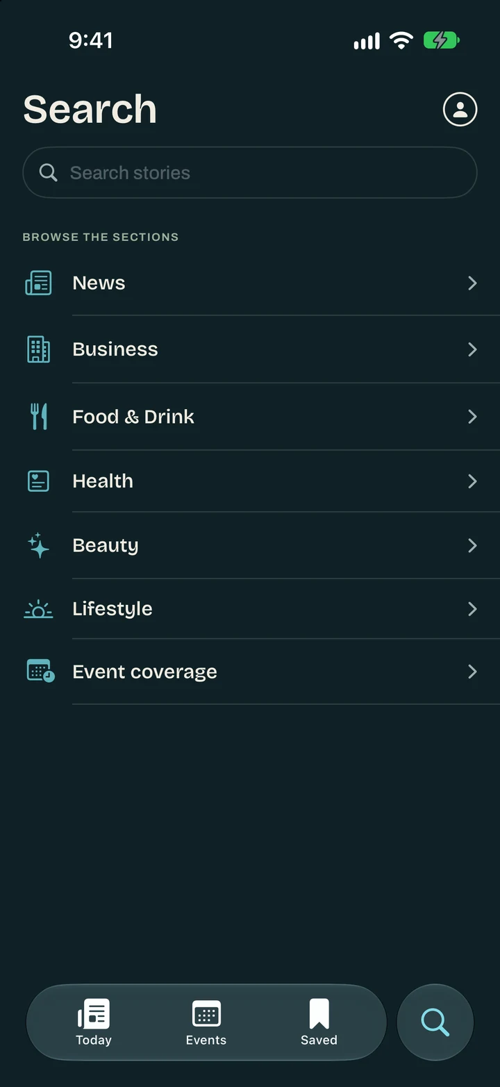 The Wave on iPhone: the Search screen with a search field above a list of the sections to browse.