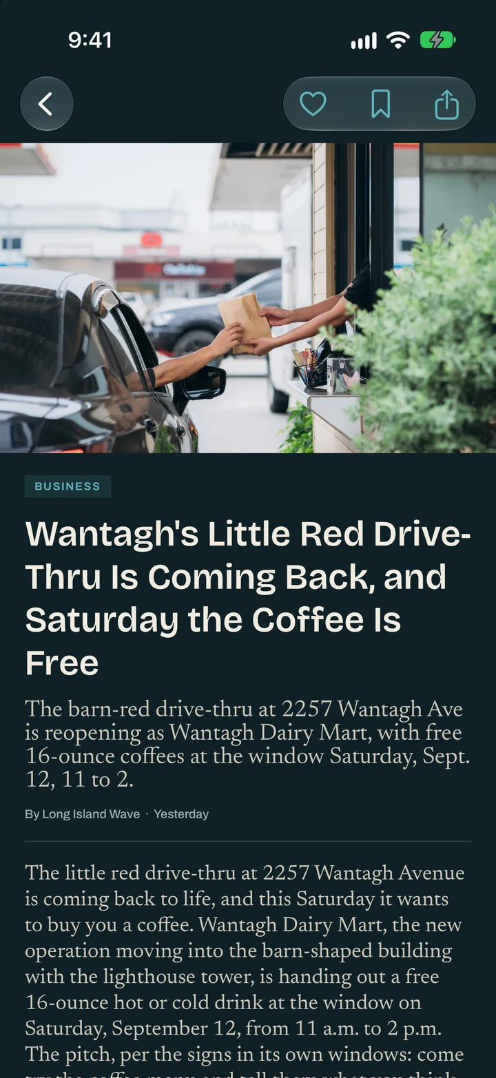 The Wave on iPhone: a story open, a headline and photograph above the article set in the publication's own type.