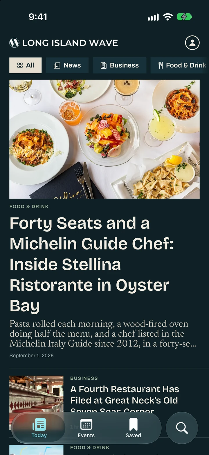 The Wave on iPhone: the Today screen, a photo-led feed of Long Island stories with section filters across the top.