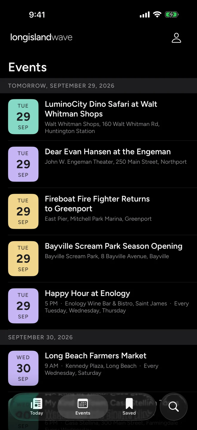 The LI Wave app's Events screen