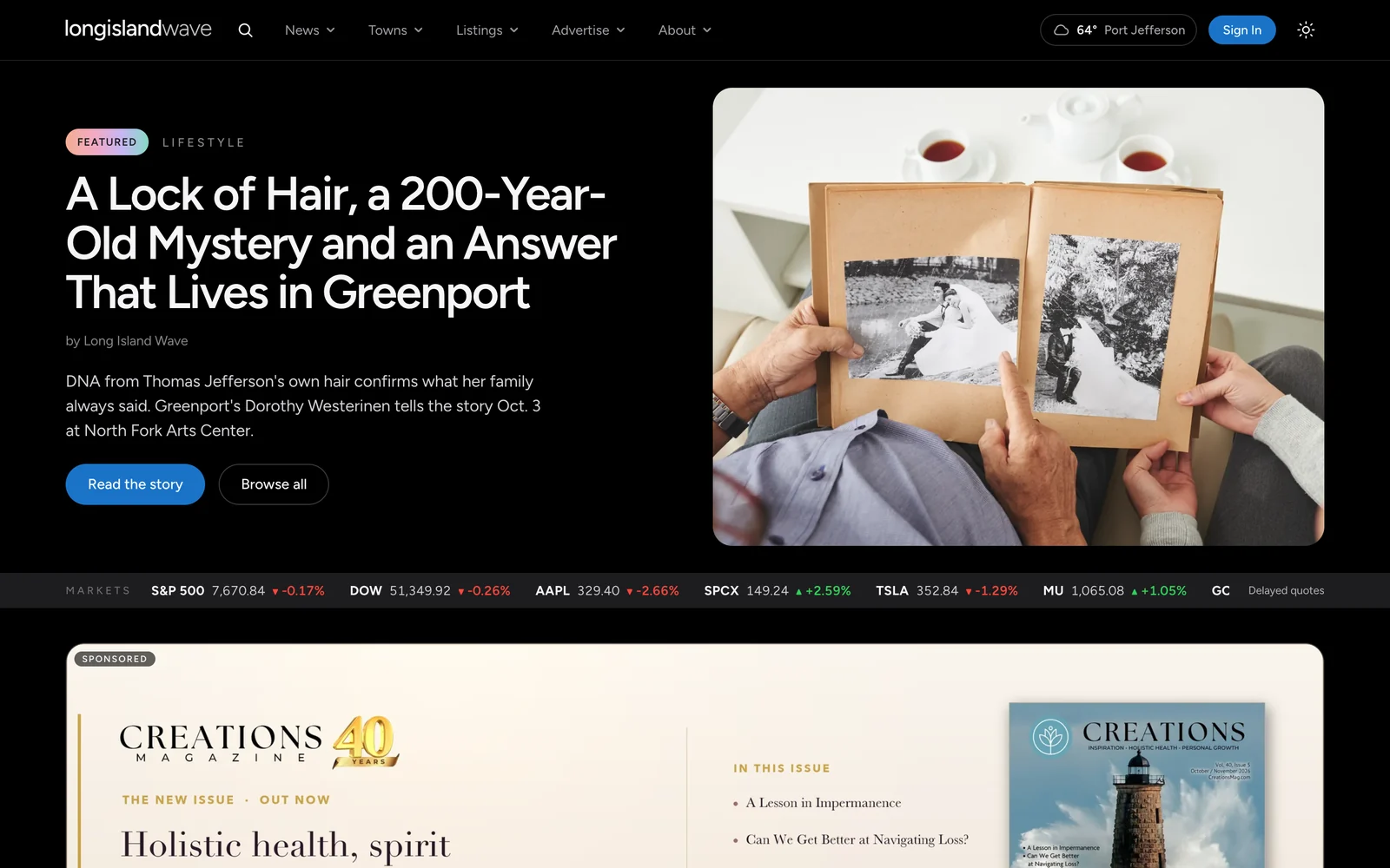 The homepage with a sponsored banner under the lead story