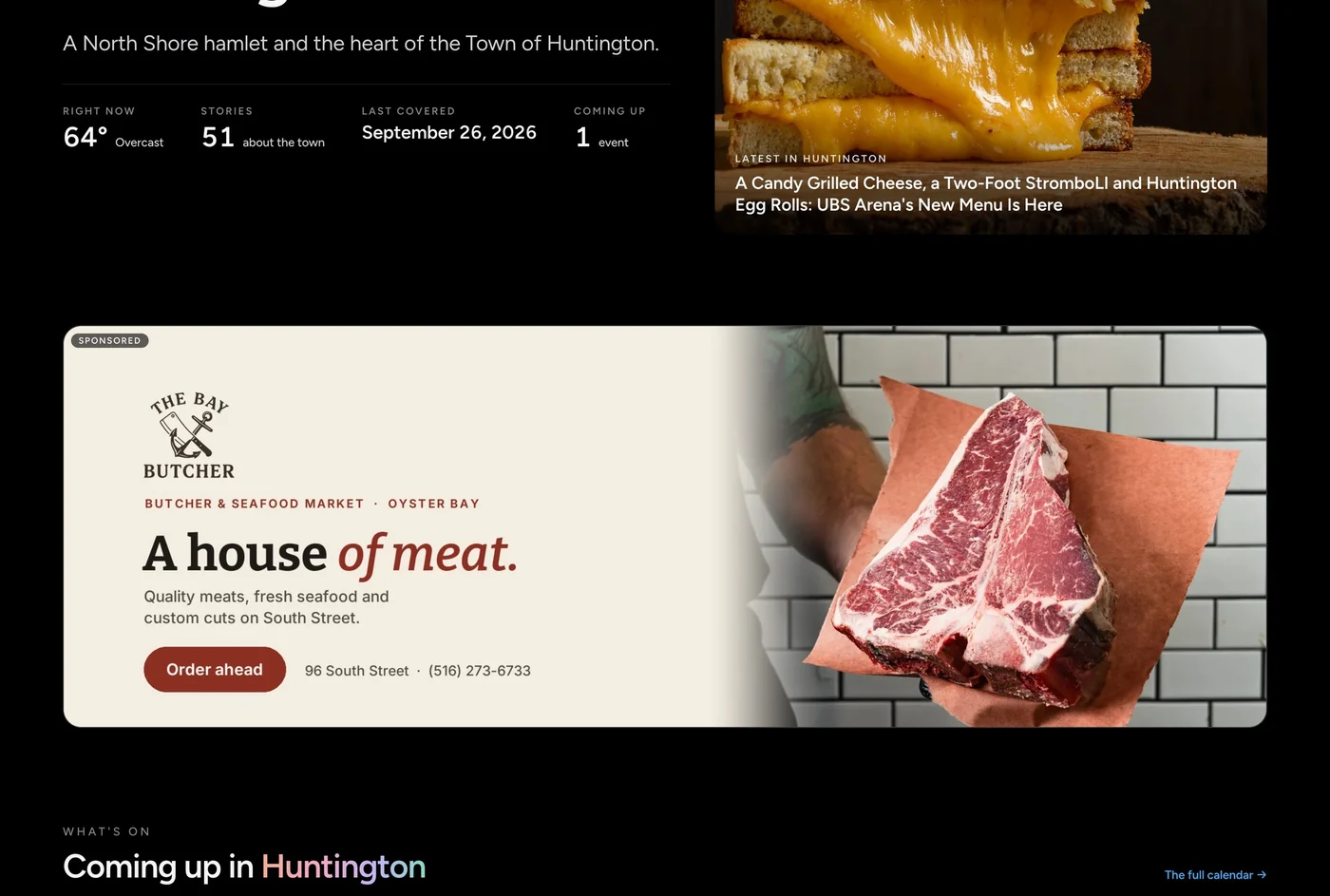The Huntington town page with a sponsored banner