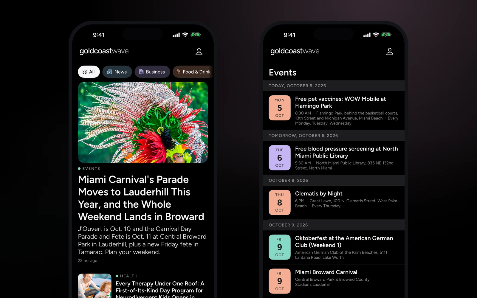 The Gold Coast Wave iPhone app, showing the Today feed with a story on Miami Carnival and the Events calendar for South Florida