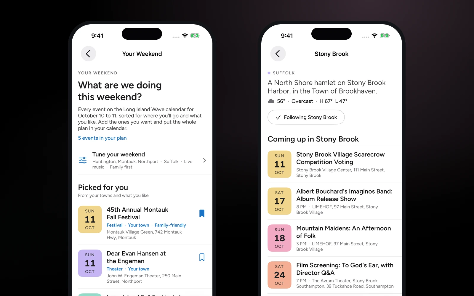 The Long Island Wave app showing Your Weekend with events picked for the reader, and the Stony Brook town page with the Follow button set to Following